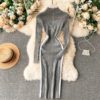 Stand Collar Long Sleeve Jumper Bodycon Sweater Dresses - Image 2