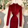 Stand Collar Long Sleeve Jumper Bodycon Sweater Dresses - Image 12