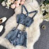 Strapless Tank Tops Denim Ripped Shorts Two Piece Set
