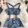 Strapless Tank Tops Denim Ripped Shorts Two Piece Set - Image 2