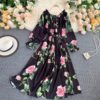 Sweet Flower Slash Neck Long Sleeve Off Shoulder A-line Dress - Image 2