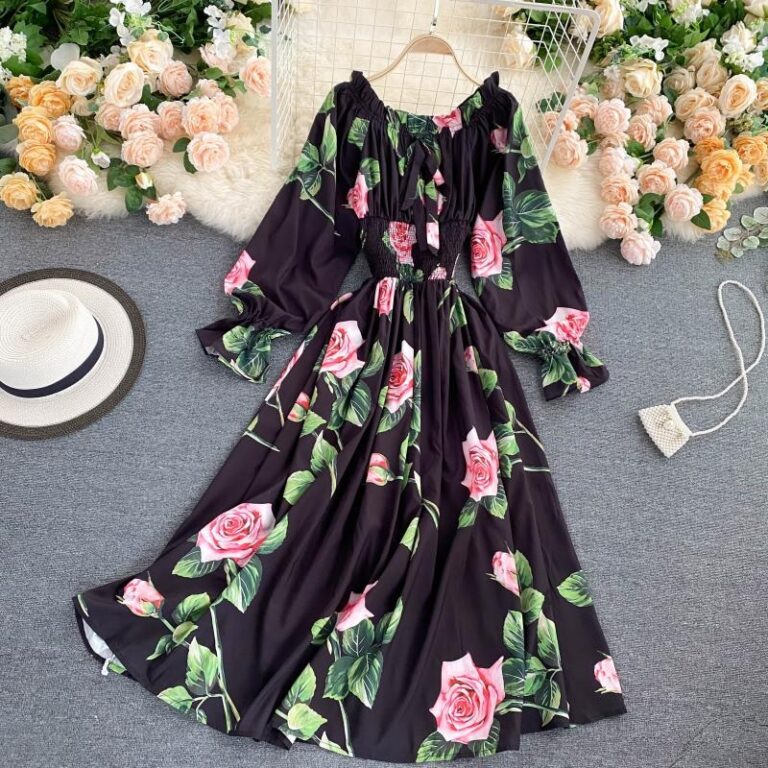 Sweet Flower Slash Neck Long Sleeve Off Shoulder A-line Dress - Image 2