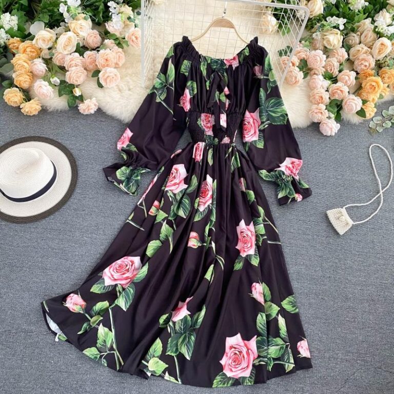 Sweet Flower Slash Neck Long Sleeve Off Shoulder A-line Dress