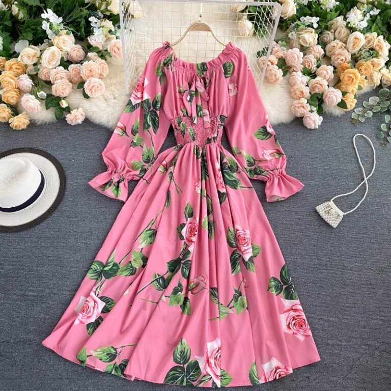 Sweet Flower Slash Neck Long Sleeve Off Shoulder A-line Dress - Image 4