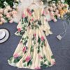 Sweet Flower Slash Neck Long Sleeve Off Shoulder A-line Dress - Image 6