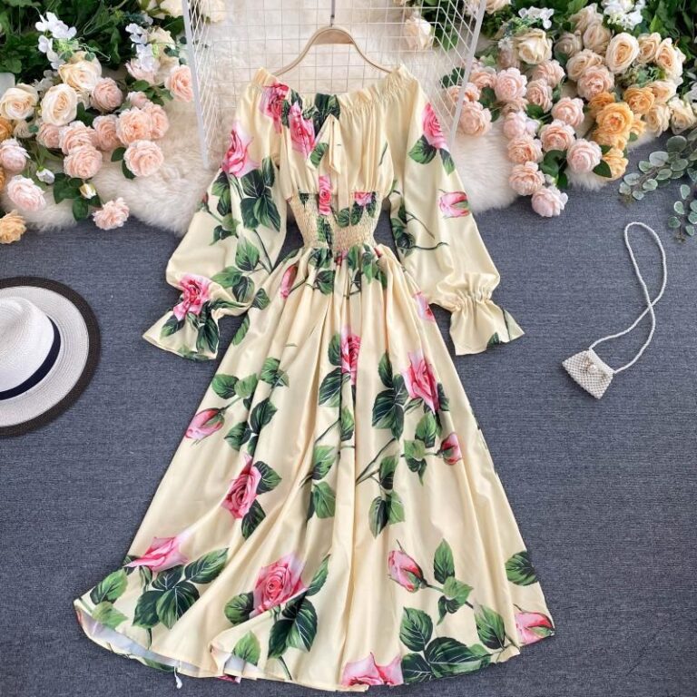 Sweet Flower Slash Neck Long Sleeve Off Shoulder A-line Dress - Image 6