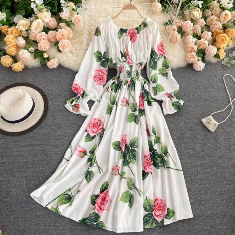 Sweet Flower Slash Neck Long Sleeve Off Shoulder A-line Dress - Image 7