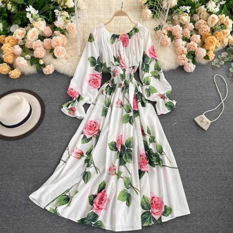 Sweet Flower Slash Neck Long Sleeve Off Shoulder A-line Dress - Image 8