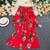 Sweet Flower Slash Neck Long Sleeve Off Shoulder A-line Dress - Image 9