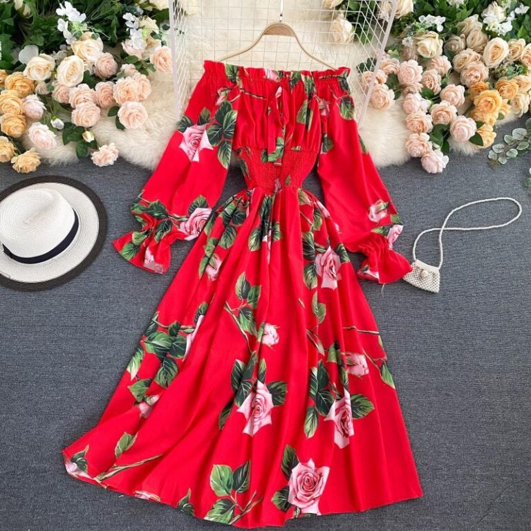 Sweet Flower Slash Neck Long Sleeve Off Shoulder A-line Dress - Image 9