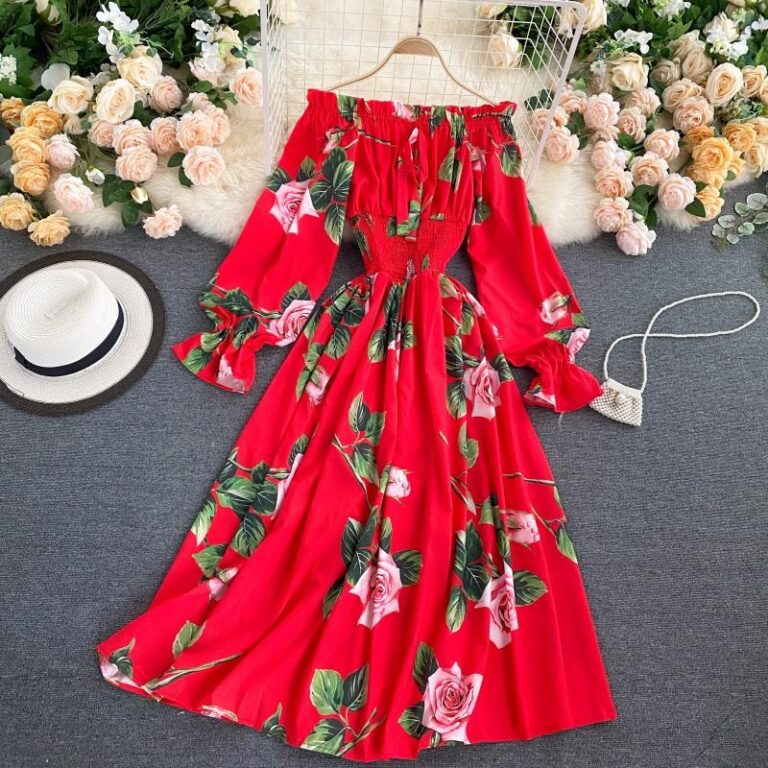 Sweet Flower Slash Neck Long Sleeve Off Shoulder A-line Dress - Image 10