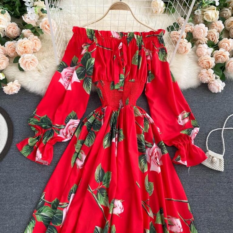 Sweet Flower Slash Neck Long Sleeve Off Shoulder A-line Dress - Image 11