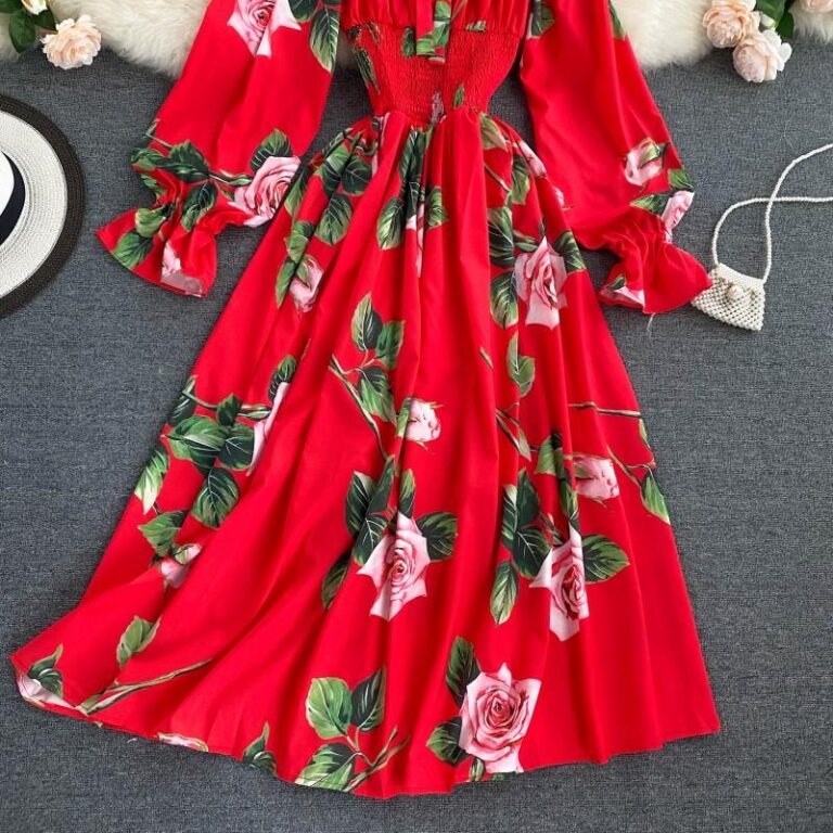 Sweet Flower Slash Neck Long Sleeve Off Shoulder A-line Dress - Image 12