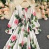 Sweet Flower Slash Neck Long Sleeve Off Shoulder A-line Dress - Image 13
