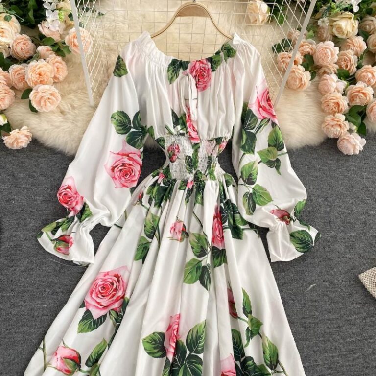 Sweet Flower Slash Neck Long Sleeve Off Shoulder A-line Dress - Image 13