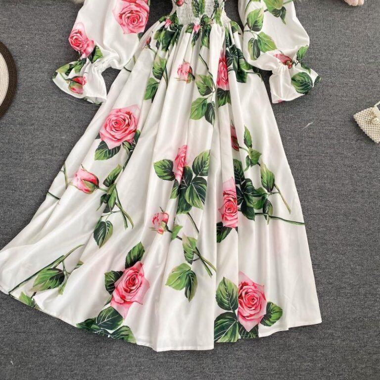 Sweet Flower Slash Neck Long Sleeve Off Shoulder A-line Dress - Image 14