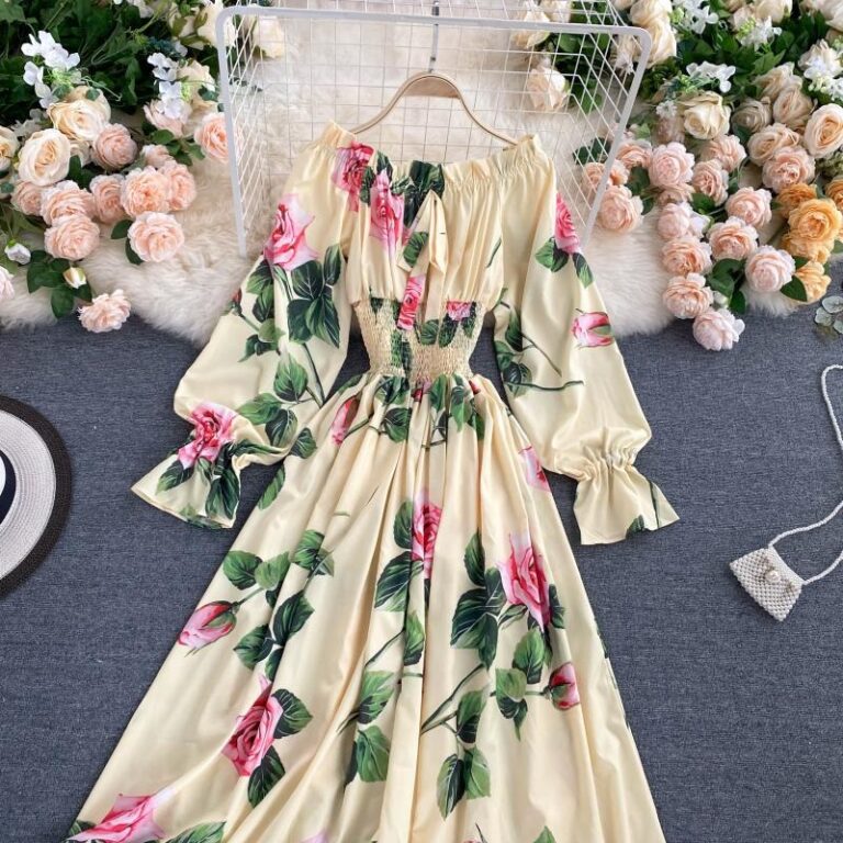 Sweet Flower Slash Neck Long Sleeve Off Shoulder A-line Dress - Image 15