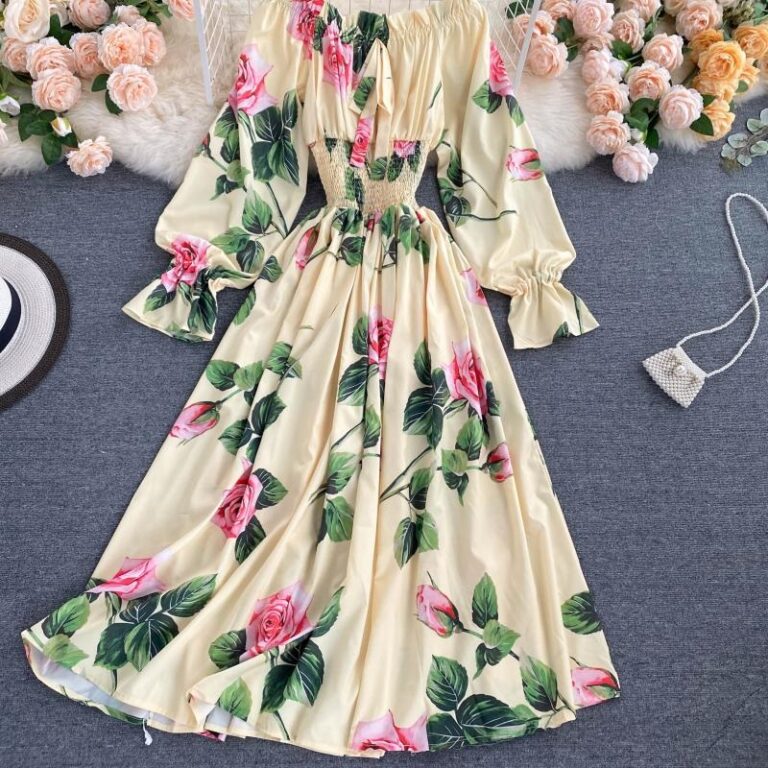 Sweet Flower Slash Neck Long Sleeve Off Shoulder A-line Dress - Image 16