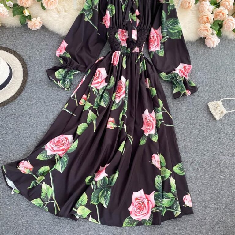 Sweet Flower Slash Neck Long Sleeve Off Shoulder A-line Dress - Image 18