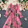 Sweet Flower Slash Neck Long Sleeve Off Shoulder A-line Dress - Image 19