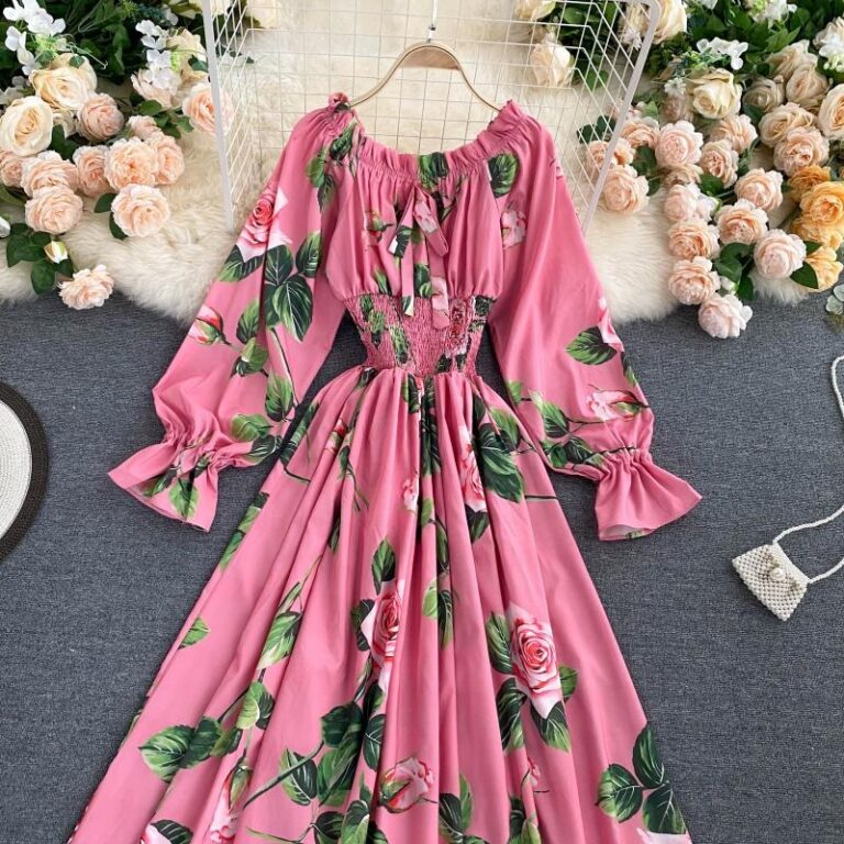 Sweet Flower Slash Neck Long Sleeve Off Shoulder A-line Dress - Image 19