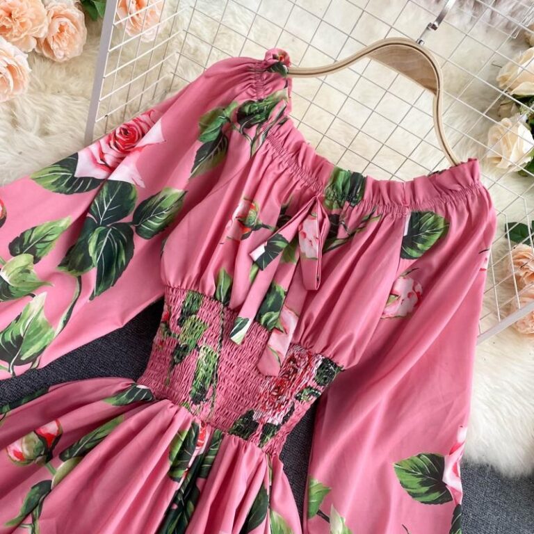 Sweet Flower Slash Neck Long Sleeve Off Shoulder A-line Dress - Image 20