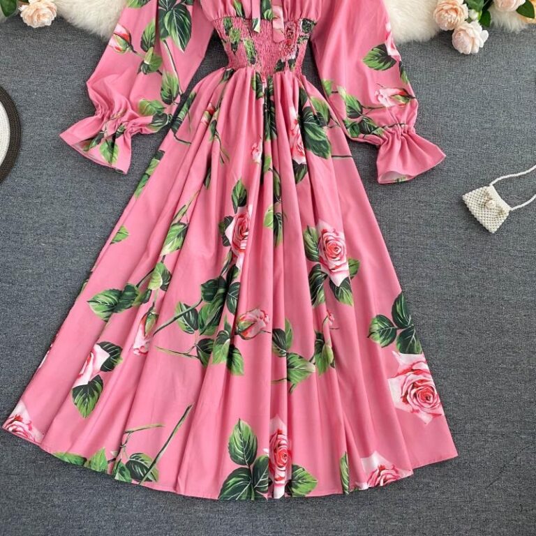 Sweet Flower Slash Neck Long Sleeve Off Shoulder A-line Dress - Image 25