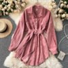 Turn-Down Collar Long Sleeve Button Solid Office Dress Outwear