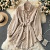 Turn-Down Collar Long Sleeve Button Solid Office Dress Outwear - Image 13