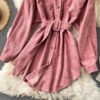 Turn-Down Collar Long Sleeve Button Solid Office Dress Outwear - Image 31