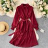 Turn-down Collar Long Sleeve Elegant A-line Office Dresses - Image 2