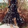Turndown Collar Long Sleeve Floral Print Tulle Long Dress