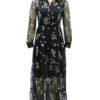 Turndown Collar Long Sleeve Floral Print Tulle Long Dress - Image 2