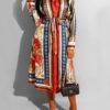 Turndown Collar Long Sleeve Lace Up Striped Long Dress