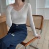 V-Neck Solid Tops Minimalist Slim Bottoming Sweaters - Image 3