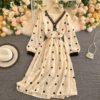 Elegant V Neck A Line Puff Sleeve Buttons Lace Dresses - Image 3