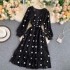 Elegant V Neck A Line Puff Sleeve Buttons Lace Dresses - Image 9