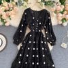 Elegant V Neck A Line Puff Sleeve Buttons Lace Dresses - Image 10