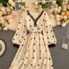 Elegant V Neck A Line Puff Sleeve Buttons Lace Dresses - Image 11