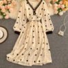 Elegant V Neck A Line Puff Sleeve Buttons Lace Dresses - Image 12