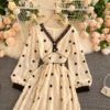 Elegant V Neck A Line Puff Sleeve Buttons Lace Dresses - Image 13
