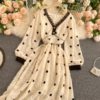 Elegant V Neck A Line Puff Sleeve Buttons Lace Dresses - Image 15