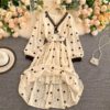 Elegant V Neck A Line Puff Sleeve Buttons Lace Dresses - Image 16