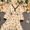 Elegant V Neck A Line Puff Sleeve Buttons Lace Dresses - Image 17