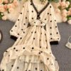 Elegant V Neck A Line Puff Sleeve Buttons Lace Dresses - Image 19