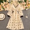Elegant V Neck A Line Puff Sleeve Buttons Lace Dresses - Image 20