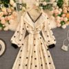 Elegant V Neck A Line Puff Sleeve Buttons Lace Dresses - Image 21