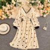 Elegant V Neck A Line Puff Sleeve Buttons Lace Dresses - Image 23
