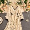 Elegant V Neck A Line Puff Sleeve Buttons Lace Dresses - Image 24