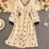 Elegant V Neck A Line Puff Sleeve Buttons Lace Dresses - Image 25
